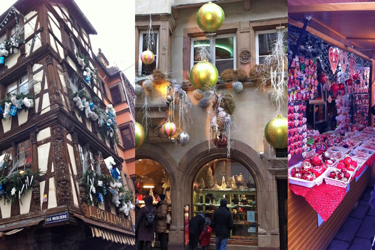 Berühmter Weihnachtsmarkt in Straßburg. Das Foto zeigt weihnachtlich geschmückte Häuser und Stände in der Altstadt.