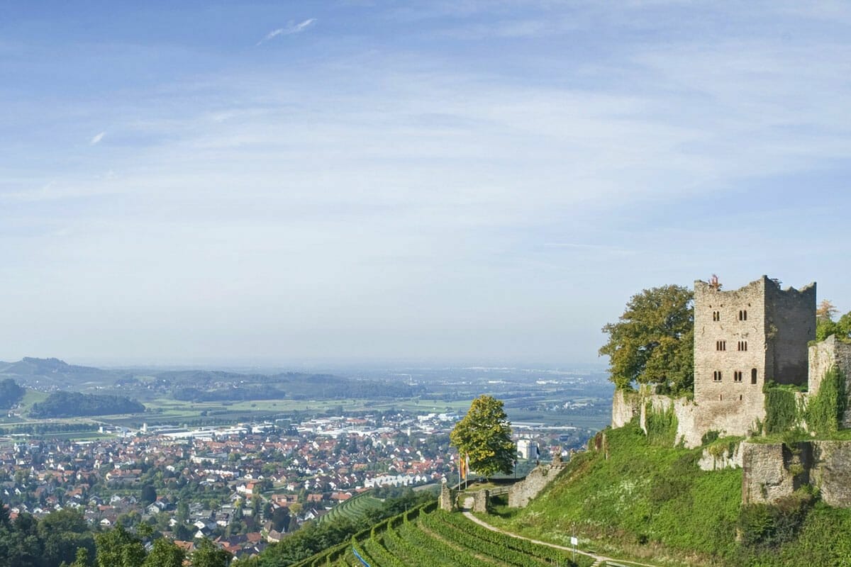 Das Foto zeigt einen Blick ins Renchtal-Delta. Zu sehen ist die Stadt Oberkirch und die Burgruine Schauenberg.